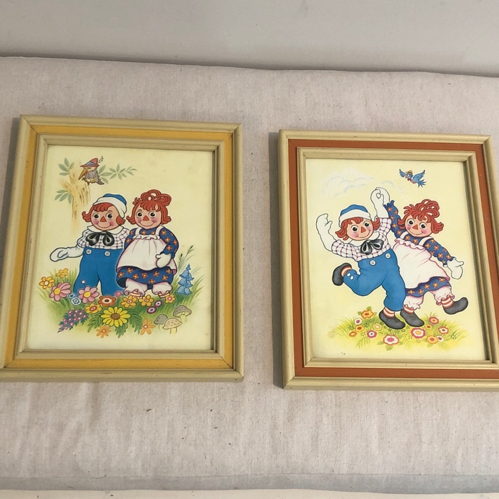Raggedy Ann & Andy Retro Prints 12” x 10” Framed Bobbs Merrill Art Lot of 2